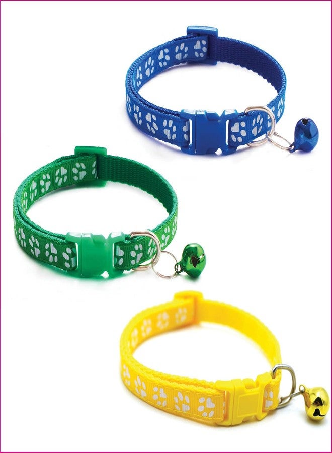 Litvibes Cat Collars Set Of 3 With Bell,Kitten & Small Dogs Soft Adjustable Collar Safe,Solid & Protection Breakaway For Cats & Puppies,Cute Kitty Neckband With Paw Print-(Yellow,Dark Blue,Dark Green) - Image 1